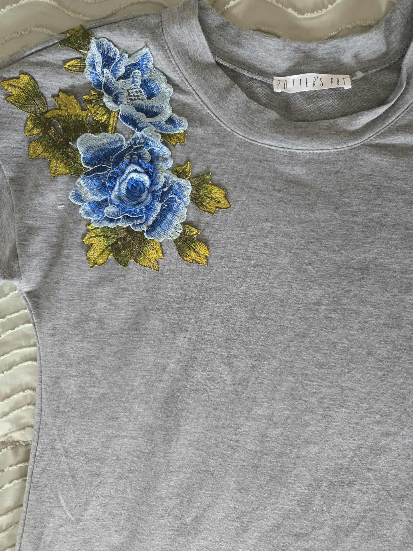 Pre-loved Gray Dress with blue floral embroidery. 
