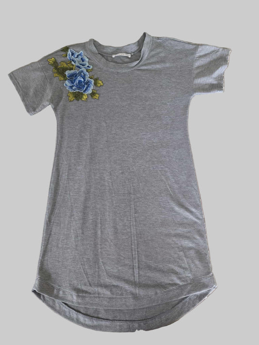 Pre loved Gray dress with blue floral embroidery.